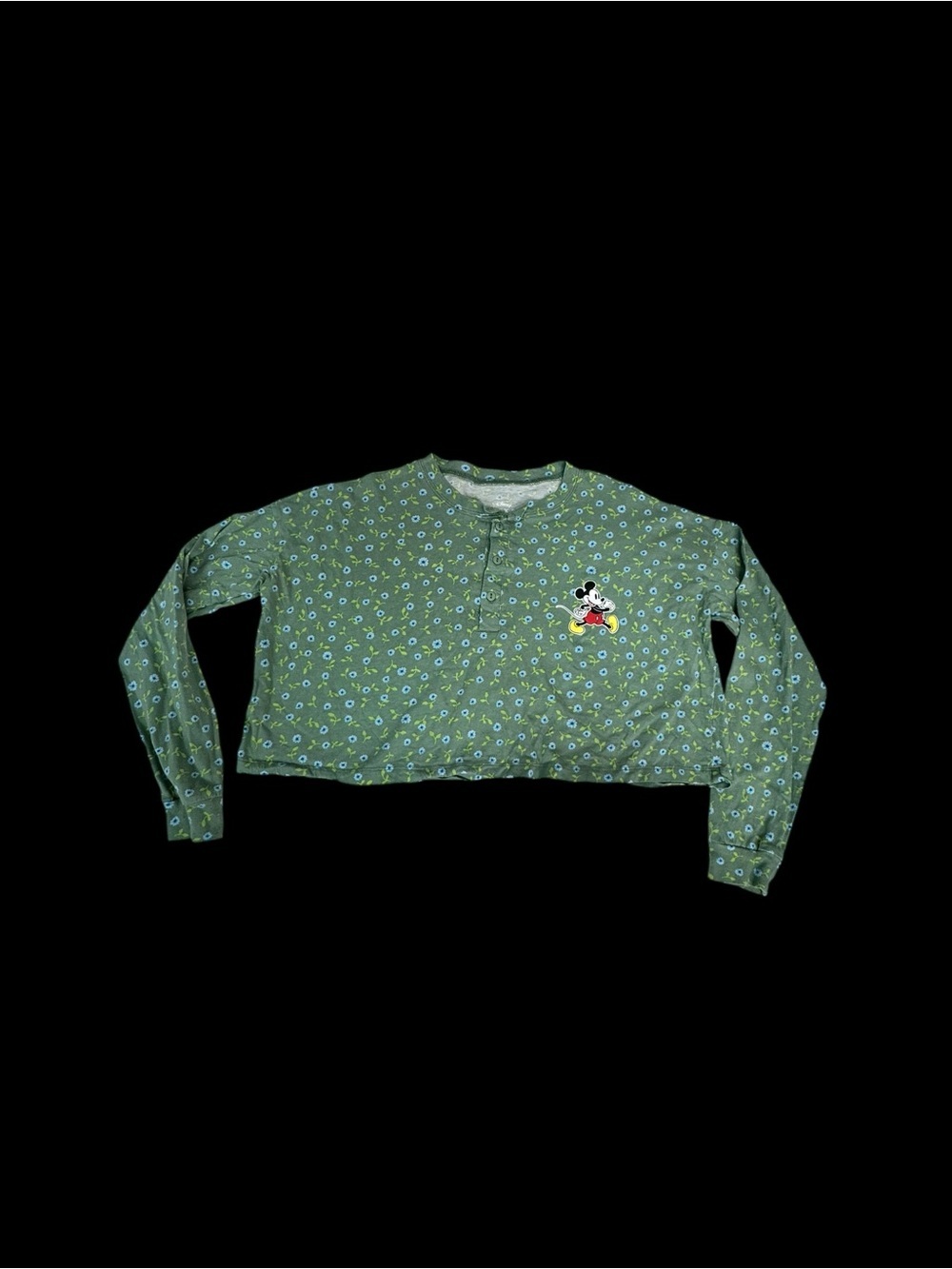 Disney Green Floral Cropped Long-Sleeve Top with Mickey Patch